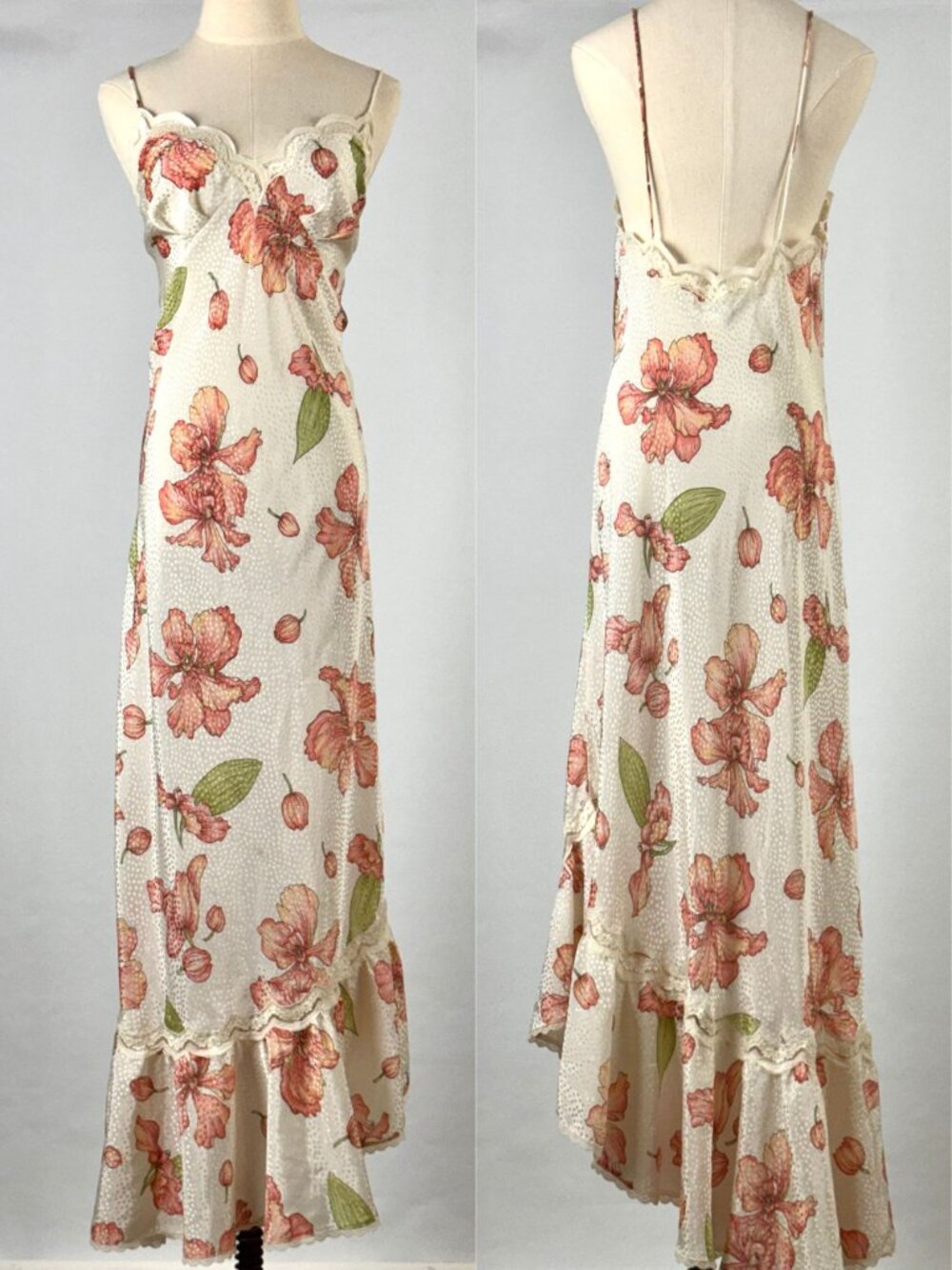 Vtg Valentino Intimo Floral Bias Cut Maxi Slip Dress Lace Asymmetrical Ruffle